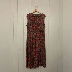 Peruvian Connection Sleeveless Red/Black Floral Paisley Dress faux wrap Size L